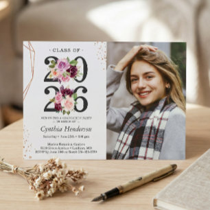 Trendy Purple Floral Rose Gold Photo Graduation Invitation