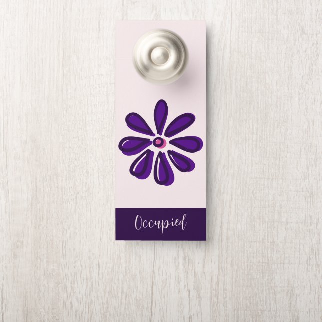 Trendy Purple Flower Doodle Occupied / Vacant Door Hanger (On Knob)