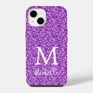 Trendy Purple Glitter Monogram Initial Name iPhone 14 Case