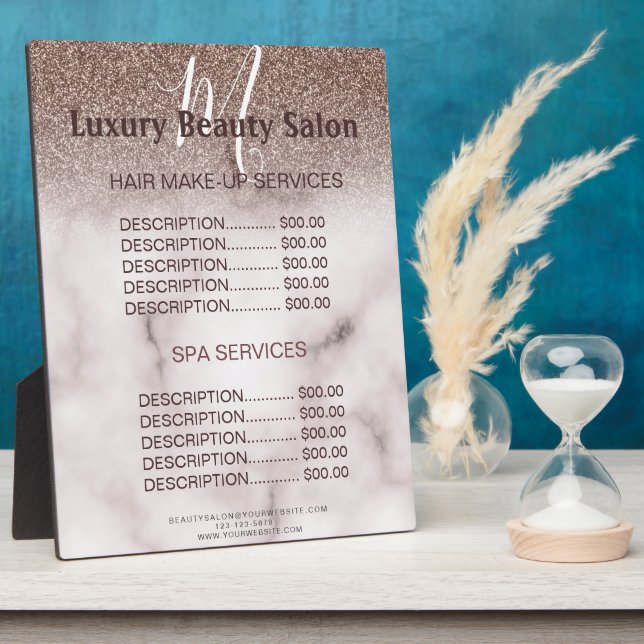 Trendy Purple Glitter Monogram Salon Price Menu Plaque (Side)