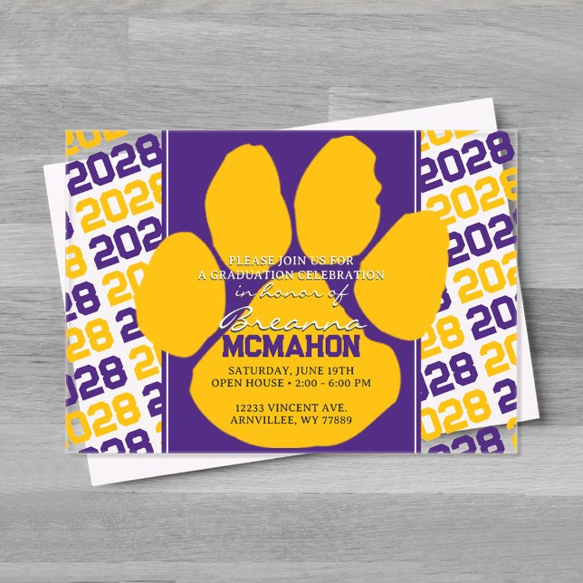 Trendy Purple & Gold Graduation Pawprint Clear Acrylic Invitations (Purple and Yellow Gold Frosted Acrylic Pawprint Graduation Invitation)