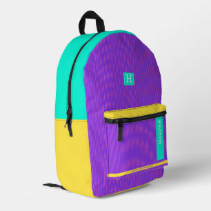 Trendy Purple Green and Yellow Personalised Name  Printed Backpack