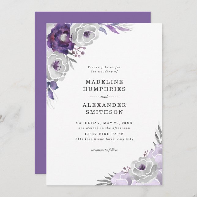 Trendy Purple Grey Watercolor Floral Wedding Invitation (Front/Back)