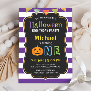 Trendy Purple Halloween Baby First Birthday Party Invitation