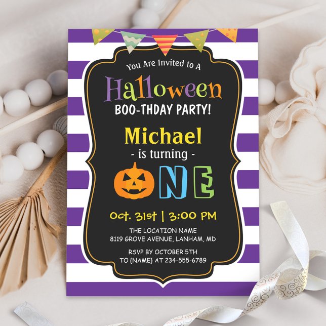 Trendy Purple Halloween Baby First Birthday Party Invitation (Creator Uploaded)