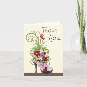 Trendy Purple High Heel Shoe and Flowers Thank You Card
