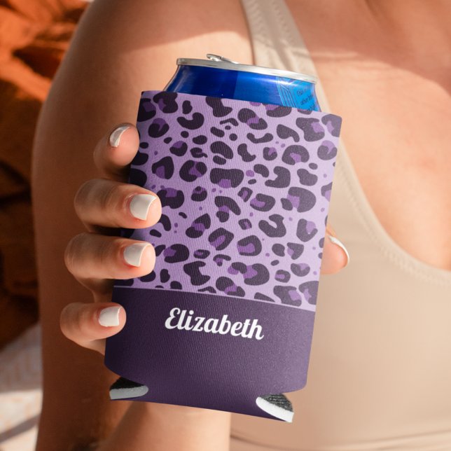 Trendy purple leopard spot pattern with name can cooler (Creator Uploaded)