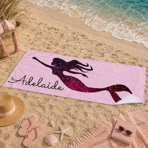 Trendy Purple Mermaid Silhouette Personalised Beach Towel