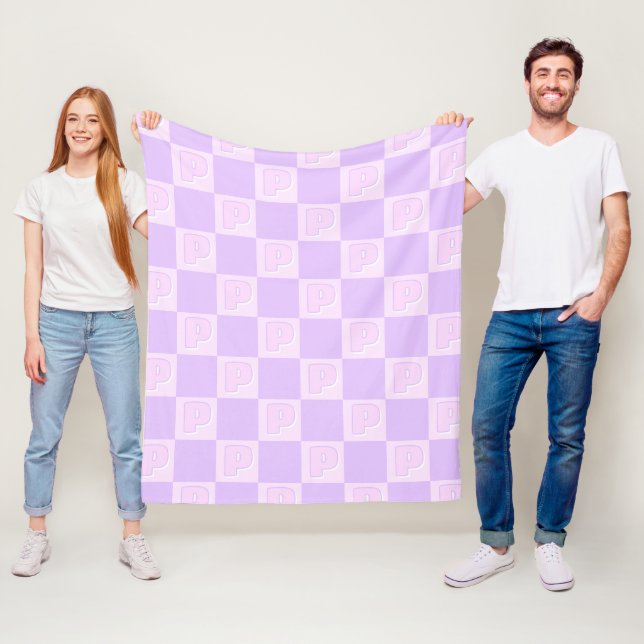 Trendy Purple Monogram Initial Checkered  Fleece Blanket (In Situ)