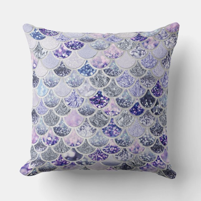 Trendy Purple Ombre Glitter Mermaid Fish Scales Cushion (Front)