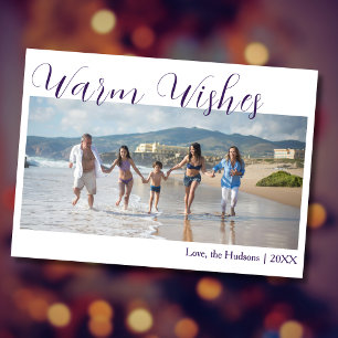 Trendy Purple Warm Wishes Two Beach Family Photo  Holiday Card