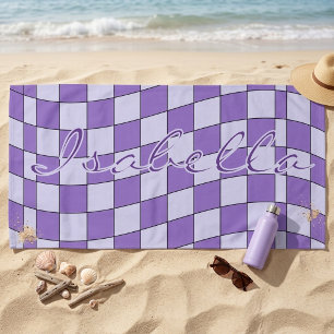 Trendy Purple Wavy Chequerboard Custom Name Beach Towel