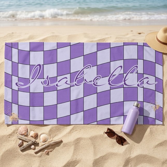 Trendy Purple Wavy Chequerboard Custom Name Beach Towel (Creator Uploaded)