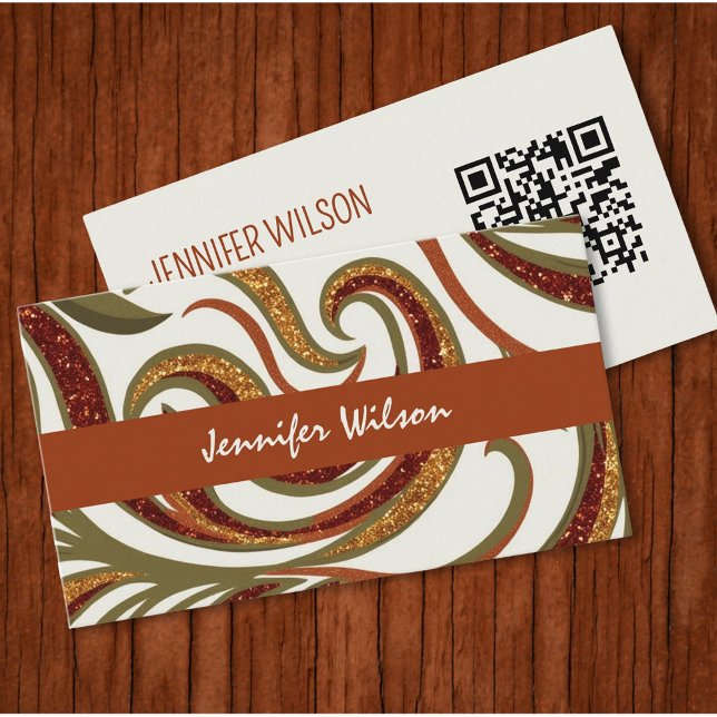 Trendy QR code abstract glitter terracotta green  Business Card (Luxury terracotta design for elegant business card )