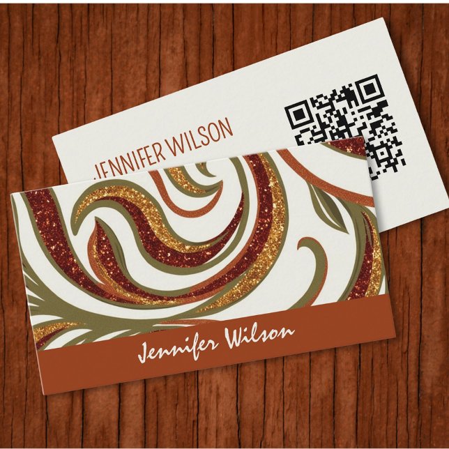 Trendy QR code abstract glitter terracotta green  Business Card (Luxury terracotta design for elegant business card )