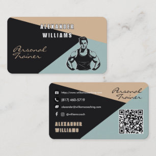 Trendy QRcode Charcoal Sand Teal Personal Trainer  Business Card