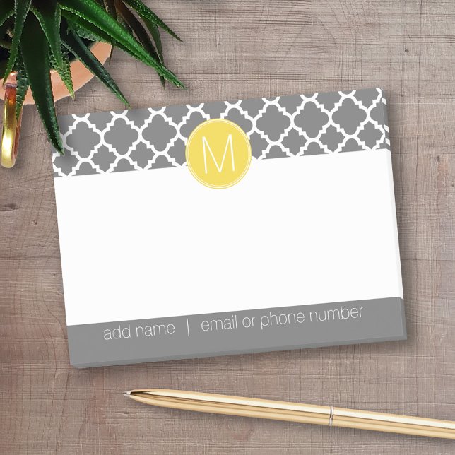 Trendy Quatrefoil Pattern with Address & Monogram Post-it Notes (Personalized post-it notes - add your name and other text)