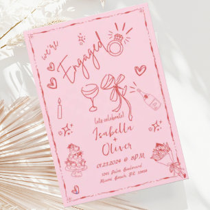 Trendy Quirky Pink Hand Drawn Engagement Party Invitation