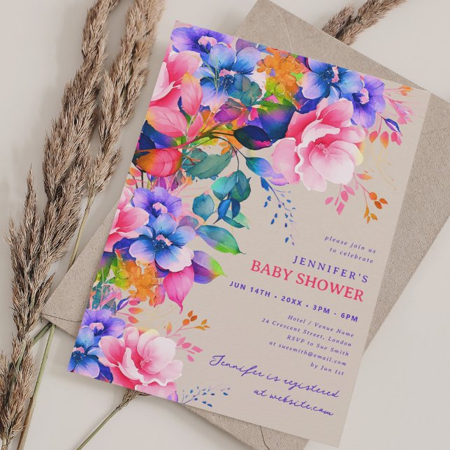 Trendy Rainbow Garden Floral Baby Shower Champagne Invitation (Trendy Rainbow Garden Floral Baby Shower Champagne Invitation)