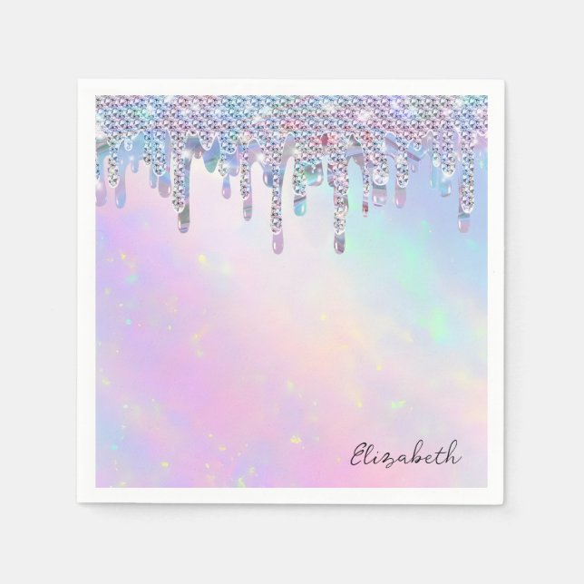 Trendy Rainbow Glitter Drips Holographic Napkin (Front)