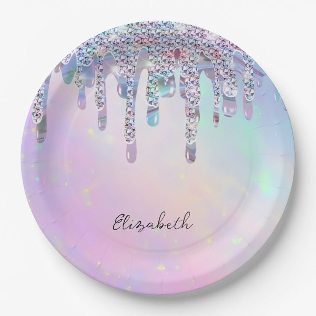 Trendy Rainbow Glitter Drips Holographic Paper Plate (Front)