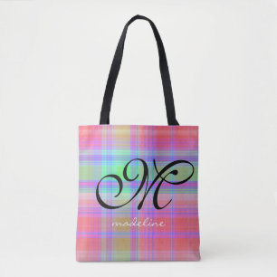 Trendy Rainbow Plaid Stripes Girly Script Monogram Tote Bag