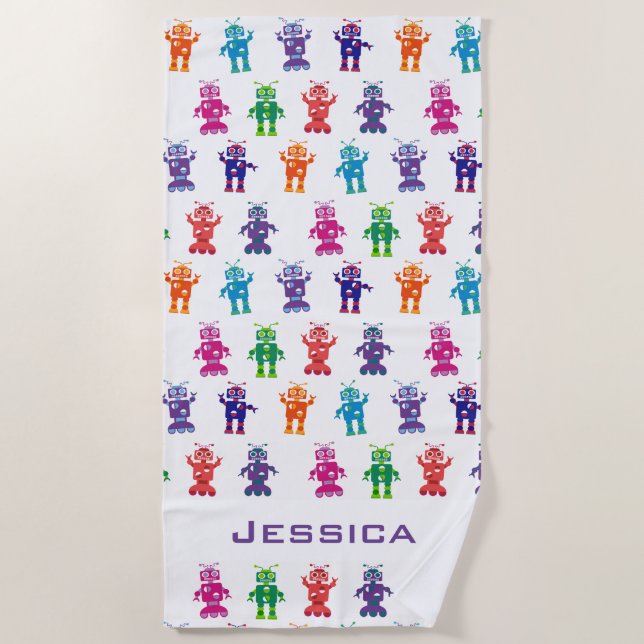 Trendy Rainbow Robots Pattern Personalised Kids Beach Towel (Front)