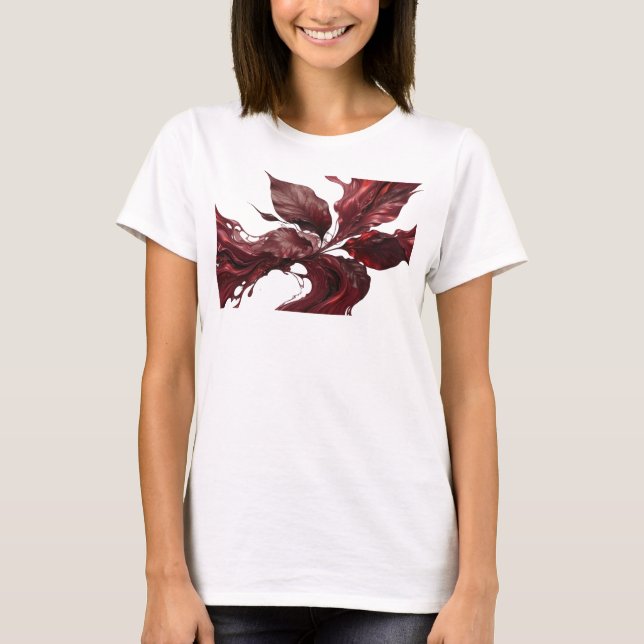Trendy Red Abstract Leaves Creative Print T-Shirt (Front)