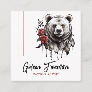 Trendy Red and Black Bear Rose Tattoo Artist Square Business Card