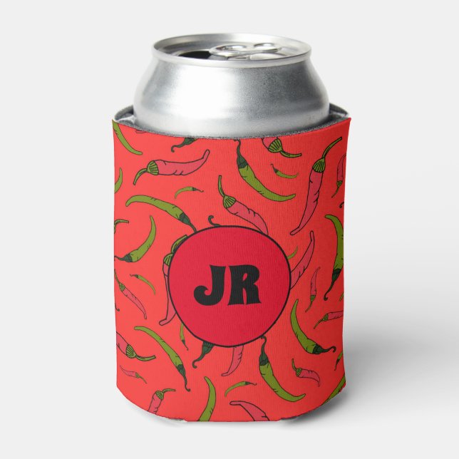 Trendy Red and Green Chilli Pepper Print Monogram Can Cooler (Can Front)