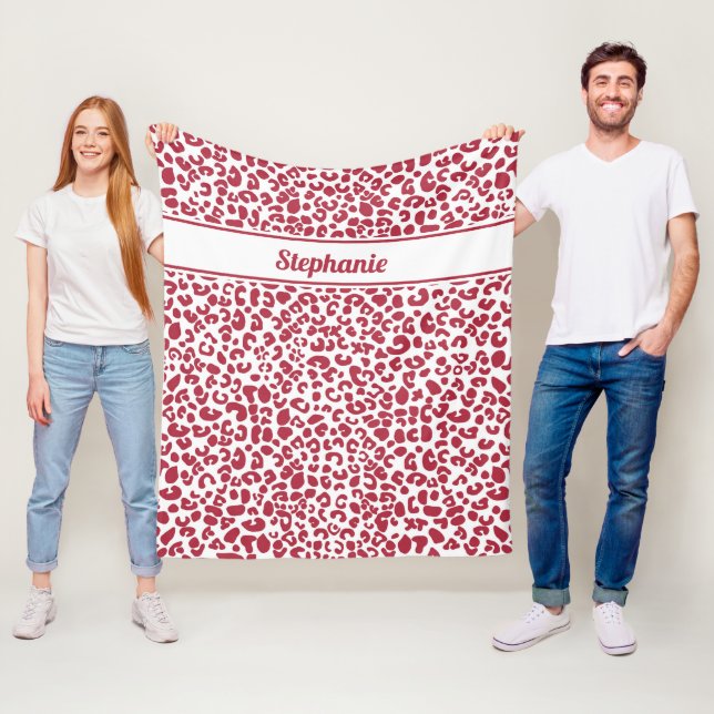 Trendy Red and White Leopard Print With Name Fleece Blanket (In Situ)
