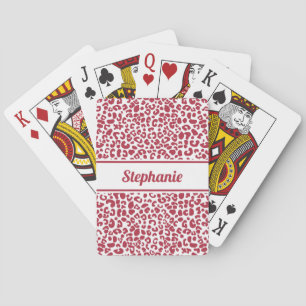 Trendy Red and White Leopard Print With Name Playing Cards