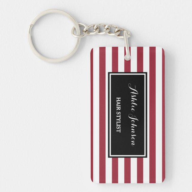 Trendy Red and White Stripes Salon Hair Stylist Key Ring (Front)