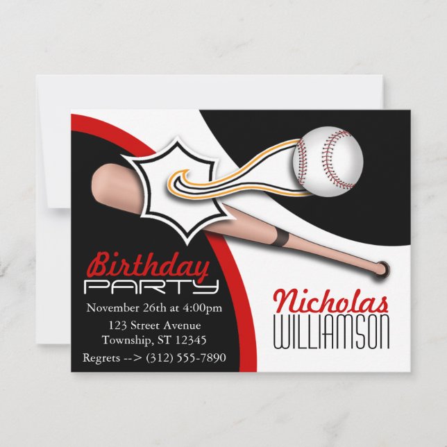 Trendy Red Baseball Birthday Invitations (Front)