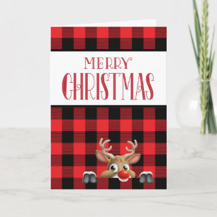 Trendy Red Black Buffalo Check with Reindeer Holiday Card