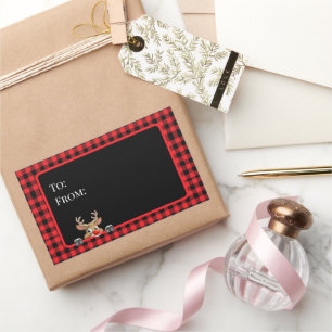 Trendy Red Black Buffalo Check with Reindeer  Rectangular Sticker