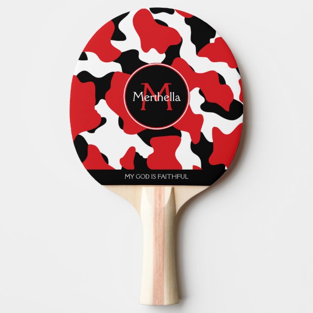 Trendy Red Black Cow Print Monogram Ping Pong Paddle (Front)