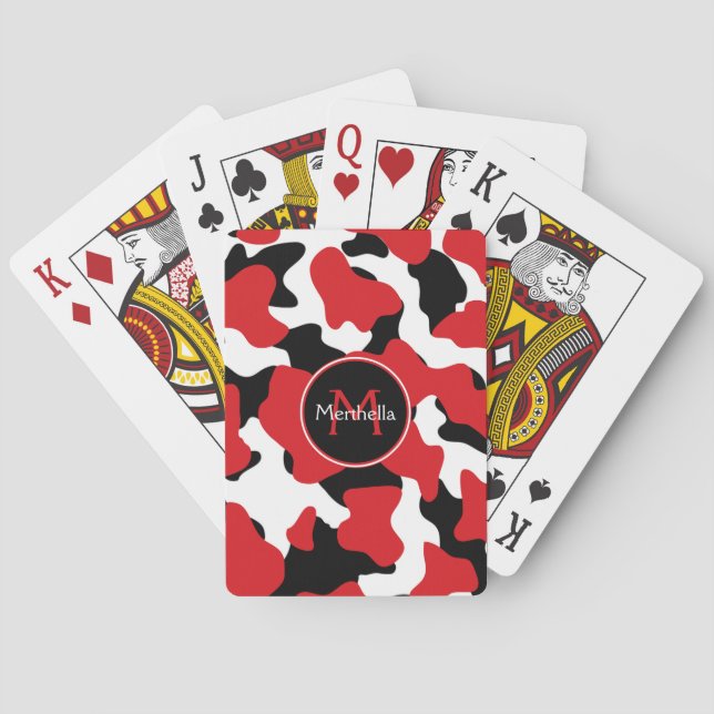 Trendy Red Black Cow Print Monogram Playing Cards (Back)