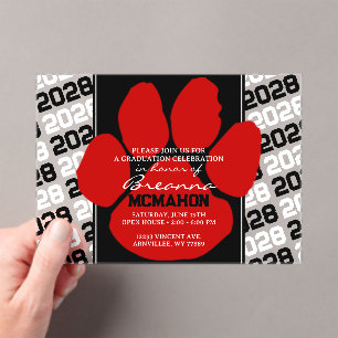 Trendy Red & Black Graduation Pawprint Clear Acrylic Invitations