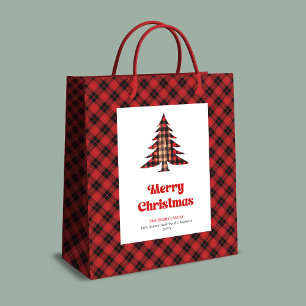 Trendy red black plaid Christmas bag editable name