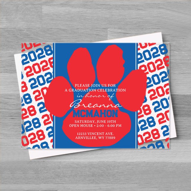 Trendy Red & Blue Graduation Pawprint Clear Acrylic Invitations (Blue and Red Frosted Acrylic Pawprint Graduation Invitation)