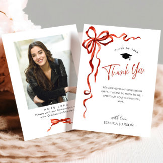 Trendy Red Bow Coquette PHOTO Graduation Thank You Card