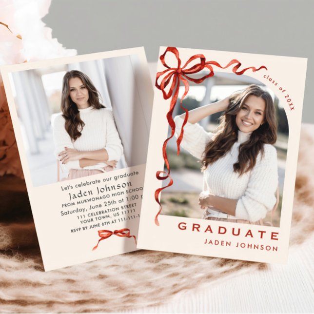 Trendy Red Bow Ribbon 2 PHOTO Graduation Party Invitation (Creator Uploaded)