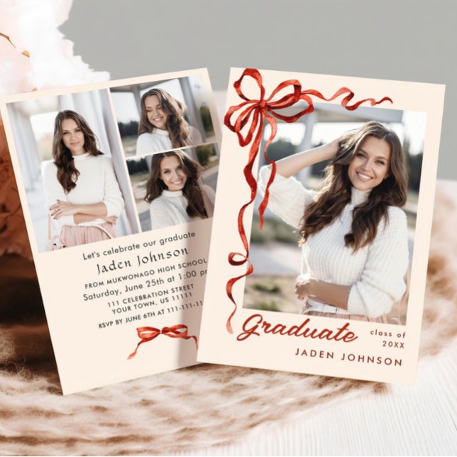 Trendy Red Bow Ribbon 4 PHOTO Graduation Party Invitation (Creator Uploaded)