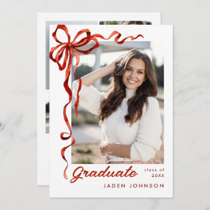 Trendy Red Bow Ribbon 5 PHOTO Graduation Party Invitation