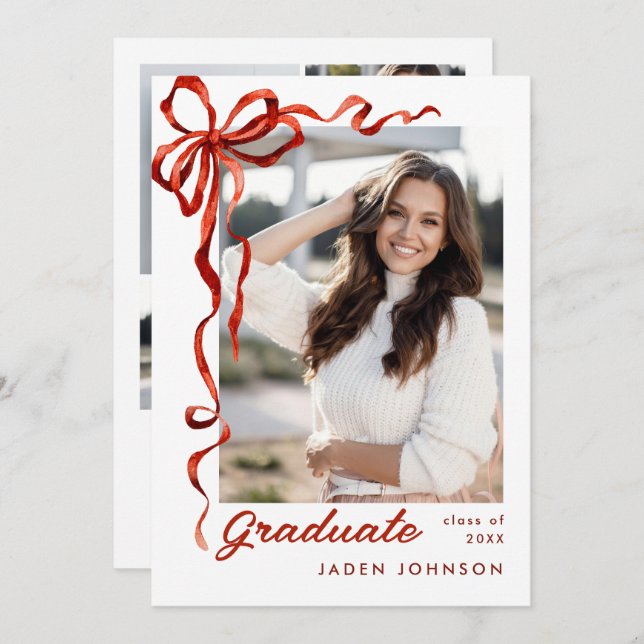 Trendy Red Bow Ribbon 5 PHOTO Graduation Party Invitation (Front/Back)