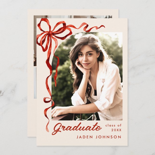 Trendy Red Bow Ribbon 5 PHOTO Graduation Party Invitation (Front/Back)