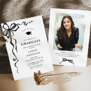 Trendy Red Bow Ribbon PHOTO Graduation Party Invitation