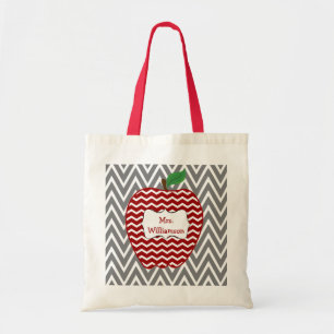 Trendy Red Chevron Zigzag Apple Teacher Tote Bag