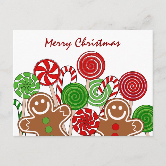 Trendy red Christmas gingerbreads Holiday Postcard (Front)
